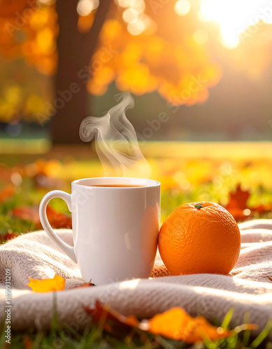 Wallpaper Mural Mug & orange on blanket amidst autumn leaves, sunlight Torontodigital.ca