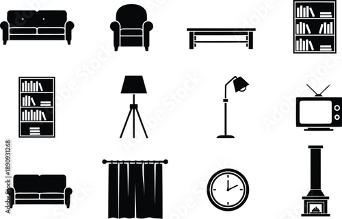 A selection of essential living room furniture and electronic appliances icons