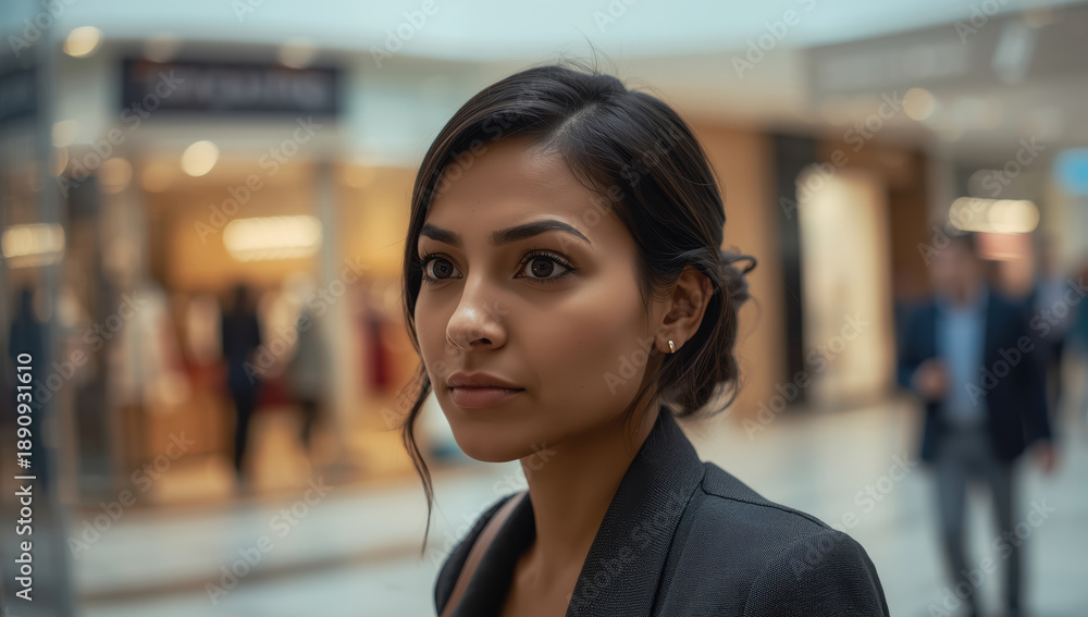 Obraz premium Young woman portrait in indoor shopping mall with soft lighting and determined expression