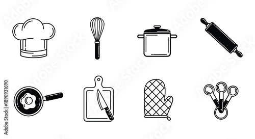 Line art illustration of cooking tools and chef s hat