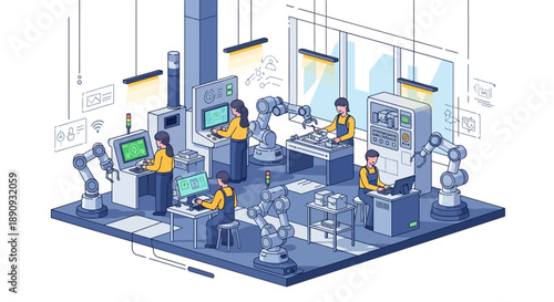 Isometric illustration of engineers and technicians working with industrial machines and computers in a laboratory setting with a blue and grey color scheme.