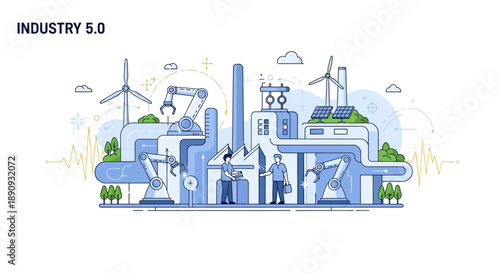 Illustration of a futuristic industrial landscape with a factory, wind turbines, and a laboratory, showcasing a modern engineering and technology concept with a blue and green color scheme.