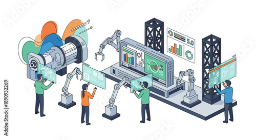 A team of engineers collaborate on an industrial design project with robotic machines and work tools in a modern laboratory setting with a focus on engineering and industry.