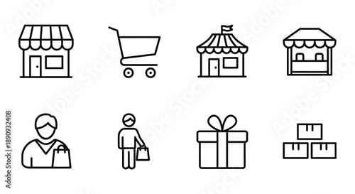 Shopping icons set stores carts people gifts and fragile goods