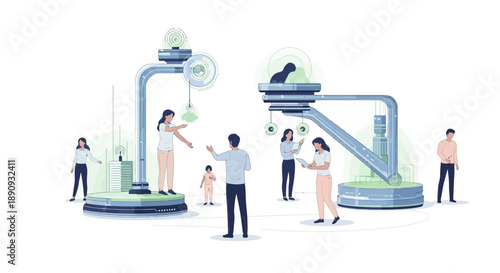 An illustration of a diverse team collaborating around futuristic industrial machines with green accents in a modern workplace setting.