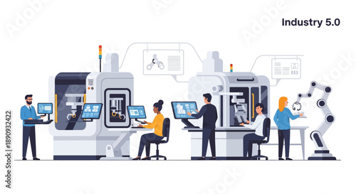 Illustration of a team of engineers and technicians working with machines and computers in an industry laboratory setting with a modern and technological mood.