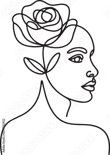 Peony woman line art portrait. Flower Head Woman Line Drawing. Surreal Minimalist Art