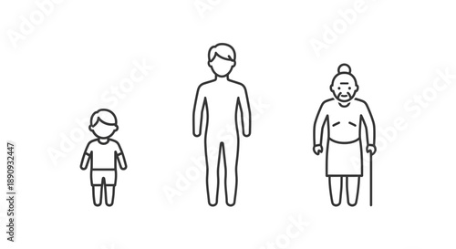 Sequential line art icons illustrating the journey of human development through various life stages, from a child's youth to adult maturity and the wisdom of old age