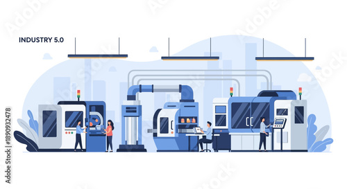 Illustration of a team of engineers working in an industrial machine design laboratory with various work tools and equipment, conveying a sense of cooperation and teamwork in a modern