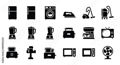 Collection of black silhouette icons depicting various household appliances