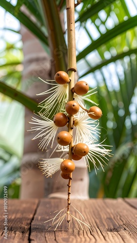 Wallpaper Mural Exotic stem with round fruit & white filaments against blurred tropical greenery, textured wood foreground Torontodigital.ca