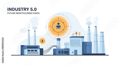 An illustration depicting a futuristic industrial scene with a factory, smokestacks, and a large target icon with a person in the center, surrounded by smokestacks and work tools in shades