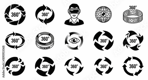 Comprehensive Black and White Icon Set for 360-Degree Video Virtual Reality and Panoramic View Technology