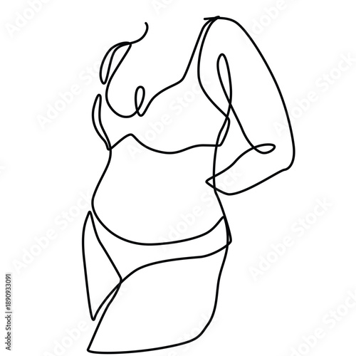 Woman's curvy body in bikini one line drawing. Woman's curvy body in bikini single line illustration. Woman's curvy body in bikini minimalist line art. Woman's curvy body in bikini vector art