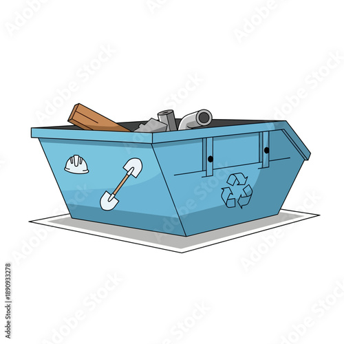 Illustration of a large blue construction dumpster filled with assorted debris and featuring simple icons representing safety and recycling on its side