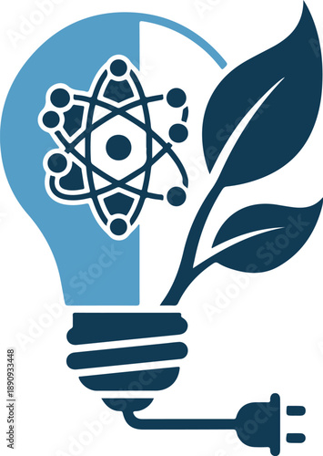 Eco friendly light bulb with atom and leaf