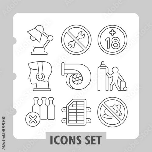 Desk lamp, listener, bottles simple icons set depicting prohibitions, signage, guidelines and safety items in outline style for apps and print on white background. Set of nine thin line icons.
