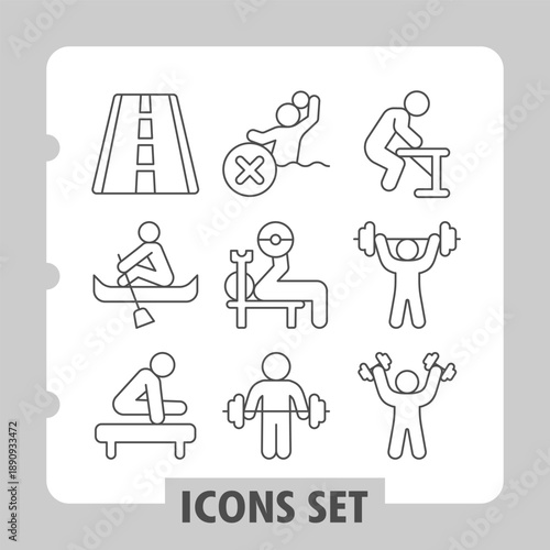 Road, boat, athlete simple icons set showcasing traffic, kayaking, various sport items in outline style for apps and print on white background. Set of nine thin line icons.