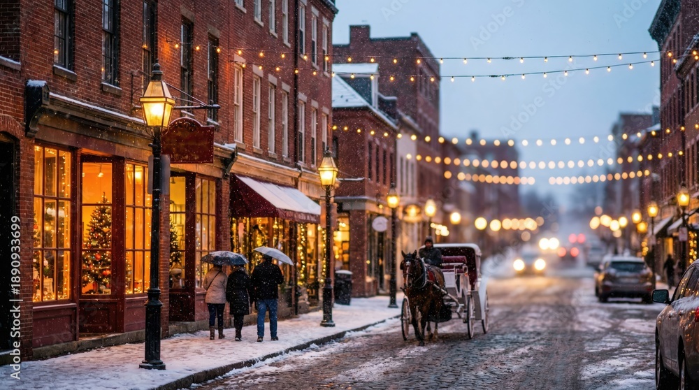 Fototapeta premium Snowy winter street with glowing lights and snowflakes concept. A charming winter street scene adorned with festive lights.