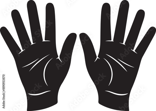 Two raised up female hands. Relaxed holding gesture. Pointing index finger. Black and white negative silhouette. Cartoon style