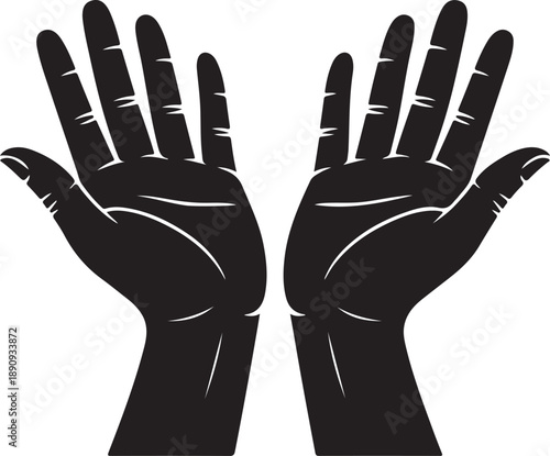 Two raised up female hands. Relaxed holding gesture. Pointing index finger. Black and white negative silhouette. Cartoon style