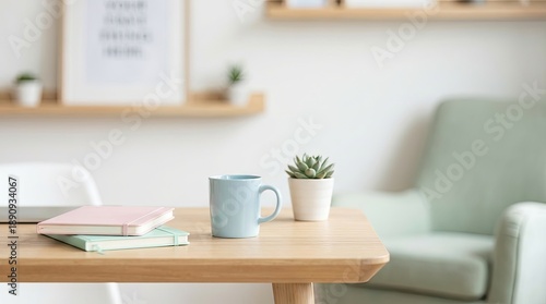 Modern office design with copy space and blurred background concept. A cozy workspace featuring a plant, mug, and notebooks.