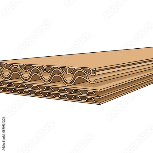 Illustration displaying the cross section structure of thick double wall corrugated cardboard material showing multiple layers of linerboard and fluting for strength