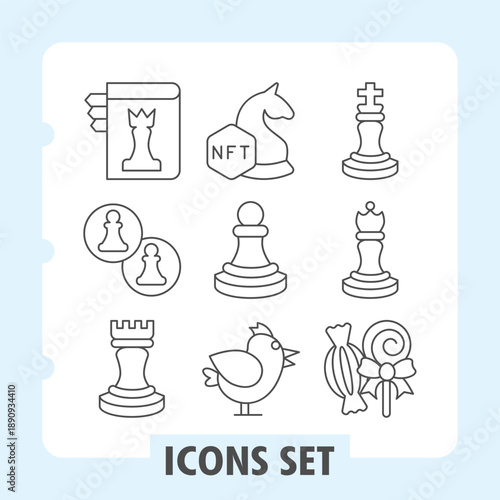 Chess rule book, coins, chess tower simple icons set featuring chess, gaming and finance items in outline style for apps and print on white background. Set of nine thin line icons.