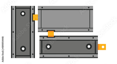 Three connected industrial metal plates secured with bright yellow interlocking mechanisms