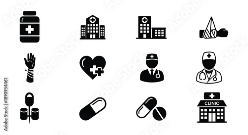 Collection of black healthcare and medical related icons on white background