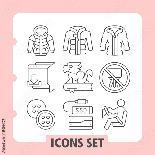 Jacket, downloads folder, buttons simple icons set depicting office, technology and household items in outline style for apps and print on white background. Set of nine thin line icons.