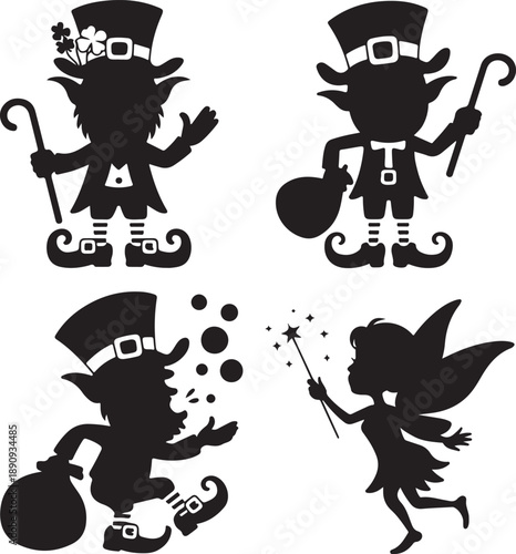 Vector set of painted silhouettes leprechauns and fairies