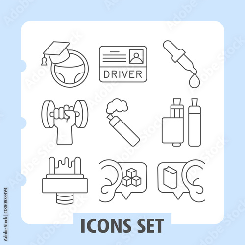 Steering wheel, dumbbell, vape filter simple icons set representing driver, vaping, tools and maintenance items in outline style for apps and print on white background. Set of nine thin line icons.
