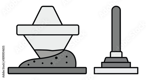 Illustration depicts concrete mixing process showing aggregate material falling from a hopper onto a base layer