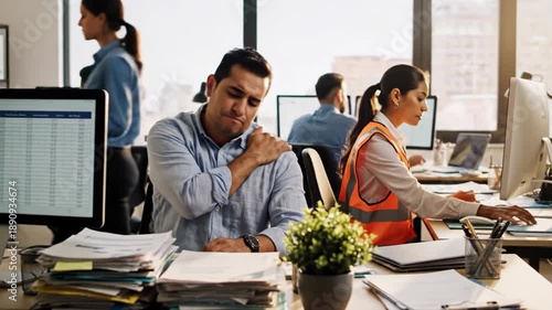 Man sitting at office desk with computer looking stressed and tired