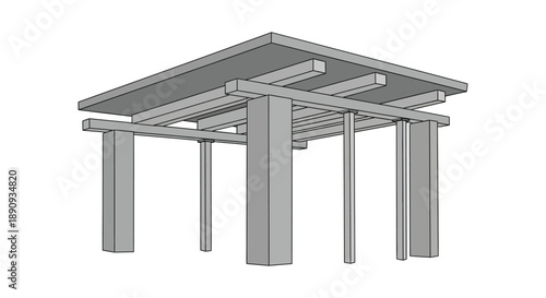 Three dimensional architectural representation of layered concrete support structure detailing structural components and connection points