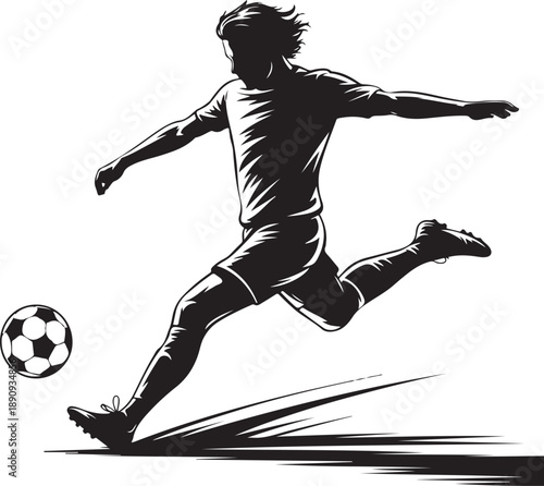 Women soccer player vector silhouettes on transparent background isolated. Silhouette of a woman kicking soccer ball, vector illustration 