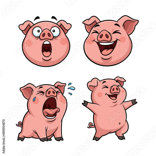 Four cute cartoon pigs expressing various emotions with vibrant colors on a white background