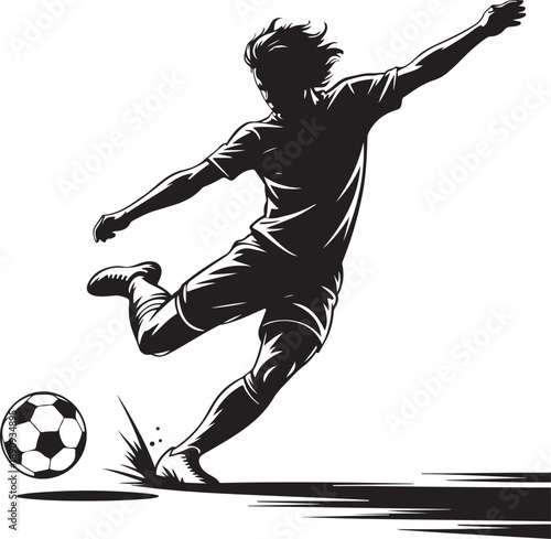 Women soccer player vector silhouettes on transparent background isolated. Silhouette of a woman kicking soccer ball, vector illustration 