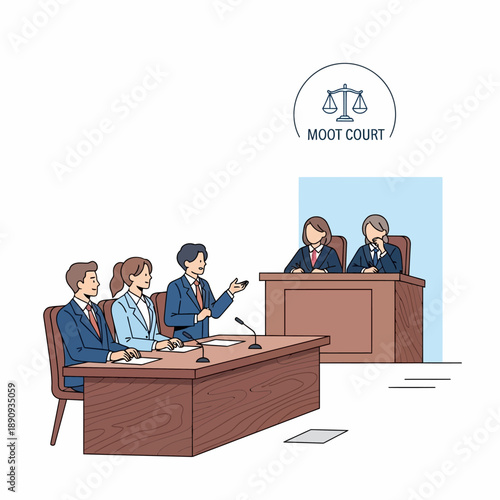 Young legal professionals presenting arguments confidently before a panel of judges during an intense and educational moot court competition simulation for academic practice.