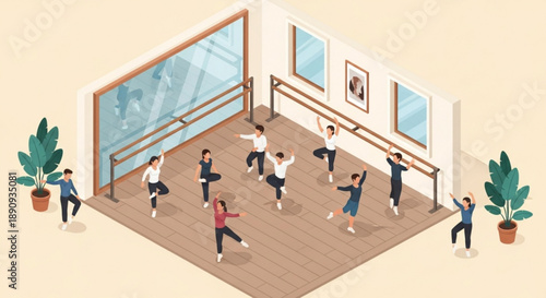 People exercising in a dance studio with large windows and mirrors wooden floor and plants