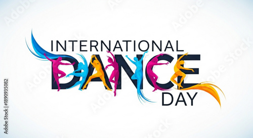 Vibrant international dance day colorful typography design with swirling patterns on white background for celebration and event promotions