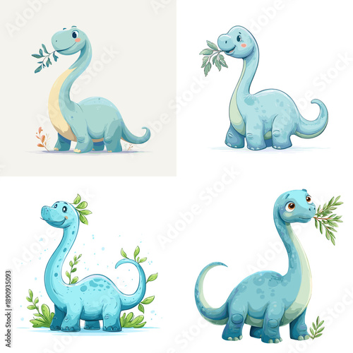 Cute long neck baby dinosaur characters holding leaves in soft pastel colors. Adorable cartoon illustration perfect for kids education nursery decor nature themes and playful designs.