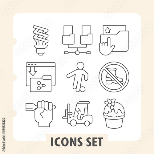 Lightbulb, folder share, fork simple icons set representing energy, household, gardening and daily items in outline style for apps and print on white background. Set of nine thin line icons.