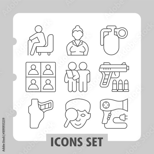 Grandfather, conference, gun simple icons set depicting older people, teamwork, actions and professions items in outline style for apps and print on white background. Set of nine thin line icons.
