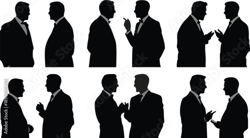 Silhouettes of businessmen in various conversation poses on a white background