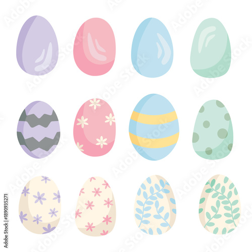 A set of twelve Easter eggs. Vector festive illustration featuring eggs with floral and geometric patterns. Great for backgrounds, prints, and cards.