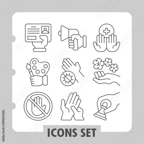 Personal badge, paints, hand ban simple icons set depicting communication, identity, healthcare and daily items in outline style for apps and print on white background. Set of nine thin line icons.
