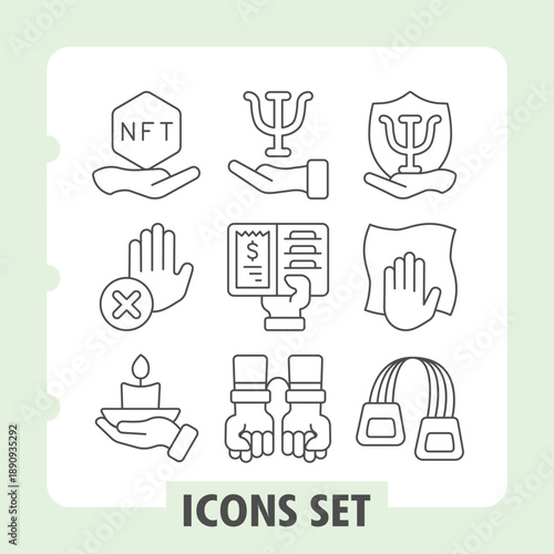 Gift badge, hand ban, candle simple icons set depicting crypto, auction and financial trading items in outline style for apps and print on white background. Set of nine thin line icons.