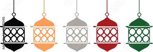  hanging lantern border for festive celebrations. Clean flat vector illustration with black, orange, , red and green decor. Ideal for Ramadan, Diwali, invitations, banners.